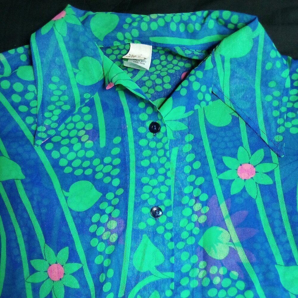 Vintage Jantzen MCM Floral Polyester Disco Button Shirt Shear